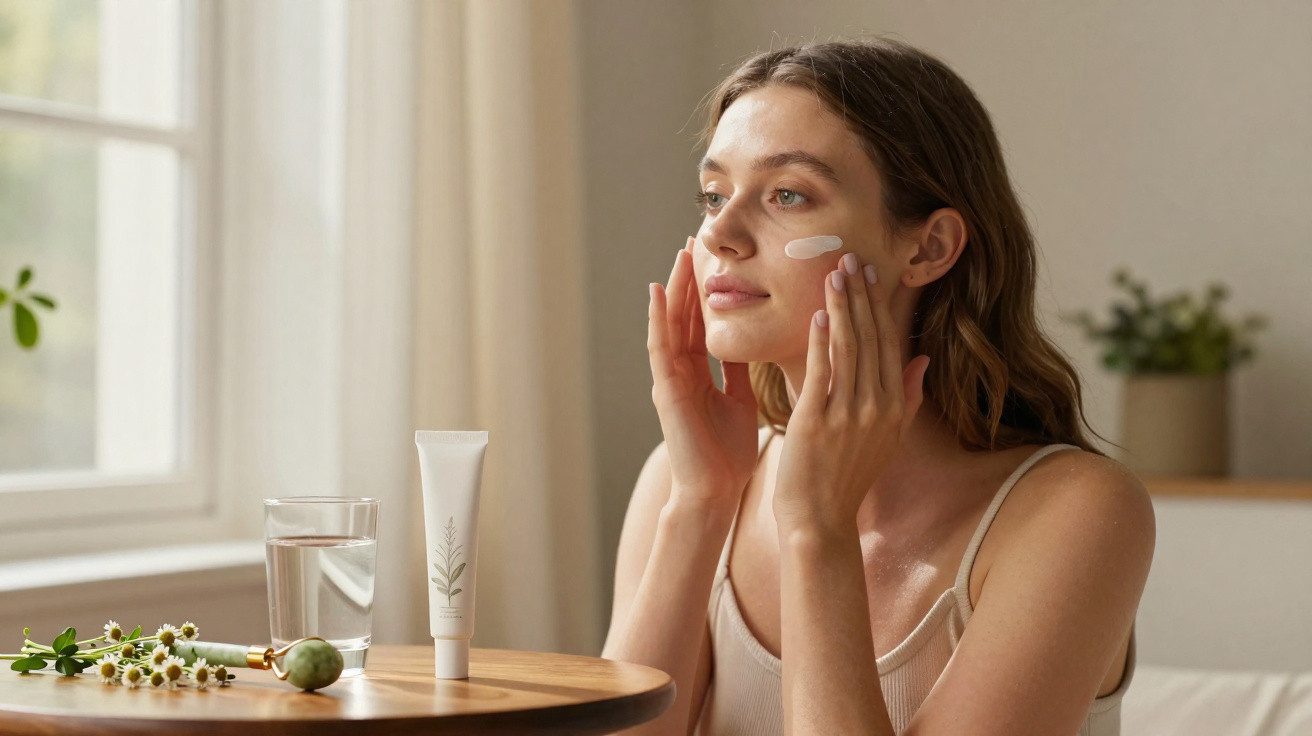 Mulher a aplicar creme no rosto numa sala clara, com produtos de cuidados de pele numa mesa de madeira.
