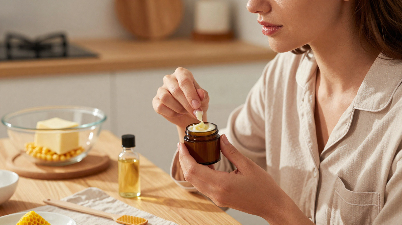 Mulher aplica bálsamo labial natural na cozinha com ingredientes caseiros sobre a mesa.