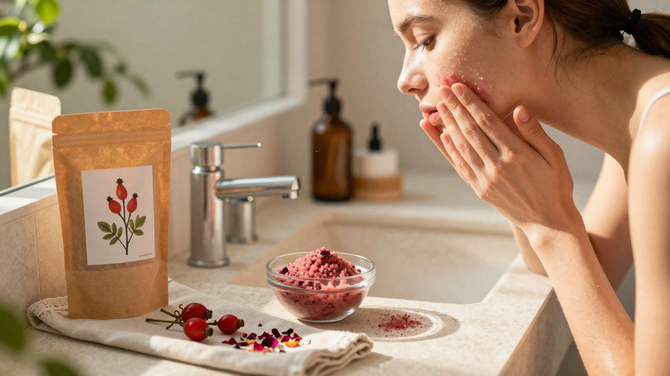 Mulher a aplicar esfoliante facial vermelho no rosto numa casa de banho luminosa.