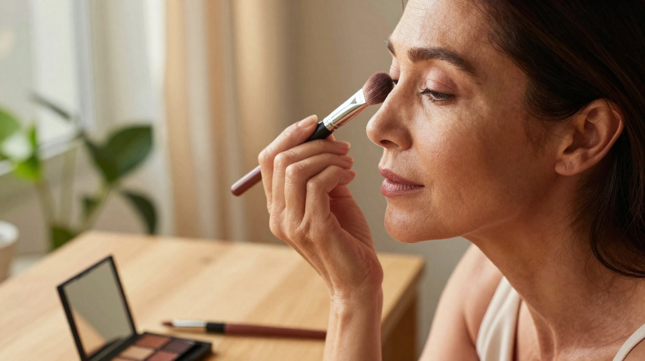 Mulher a aplicar maquilhagem nos olhos com pincel junto a mesa com paleta de sombras e pincel.