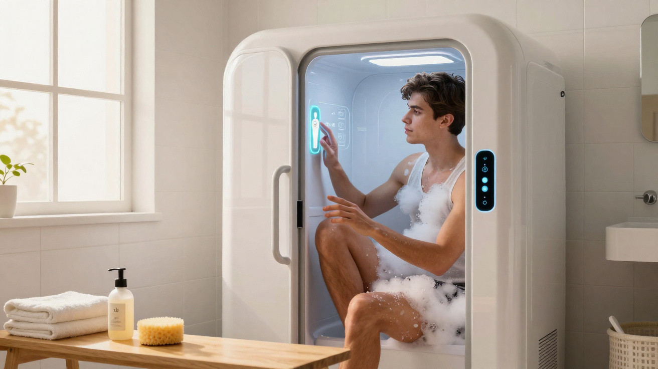 Homem sentado numa cabine de banho moderno numa casa-de-banho, controlando o painel digital.