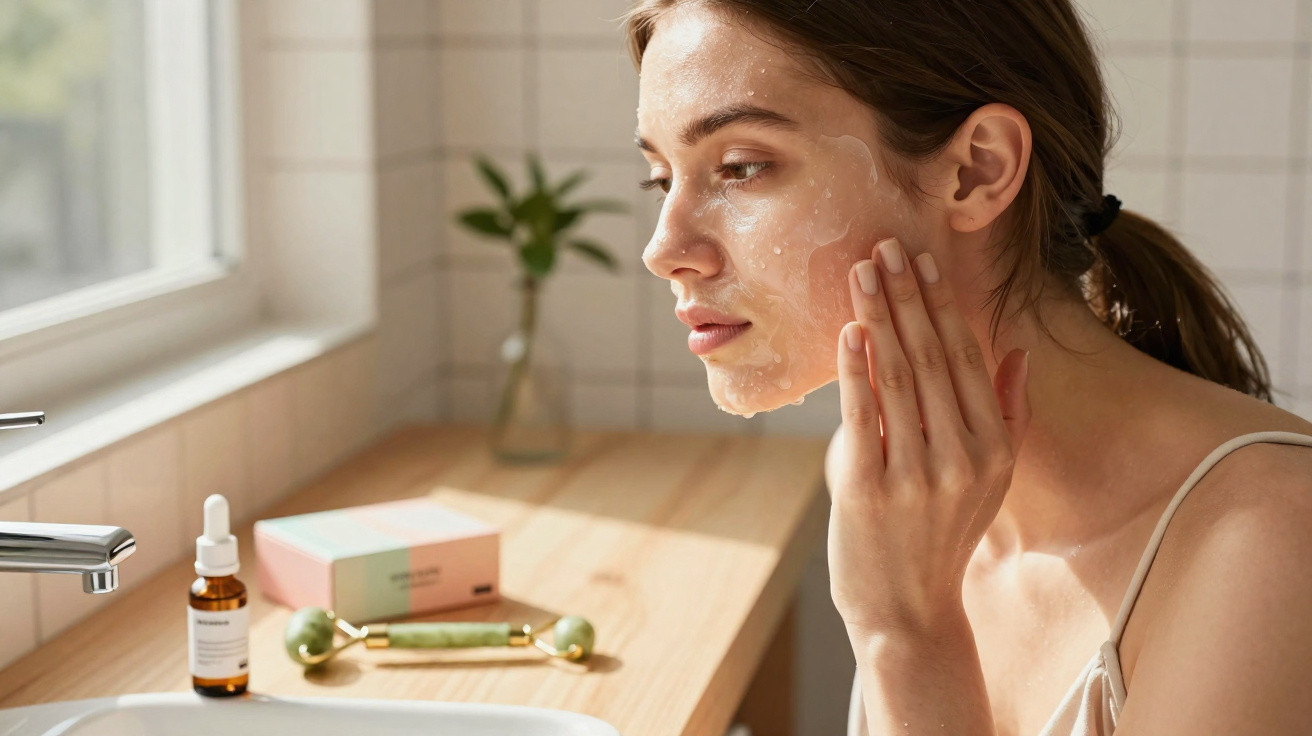 Mulher aplica creme facial junto a pia, com frasco de serum e rolo de jade numa bancada de madeira.