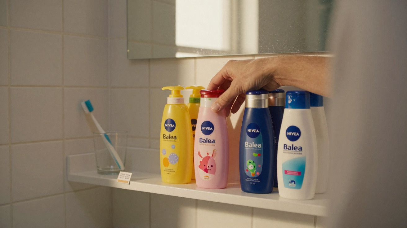 Mão a pegar creme hidratante rosa da marca Nivea Balea numa prateleira de casa de banho com vários frascos.
