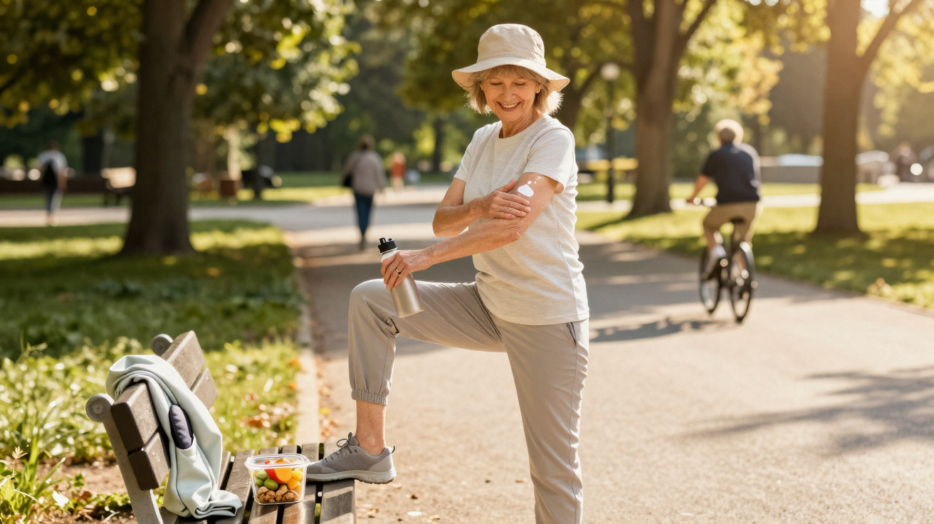 Mulher sénior no parque a aplicar adesivo após exercício, com garrafa e lanche numa bancada próxima.
