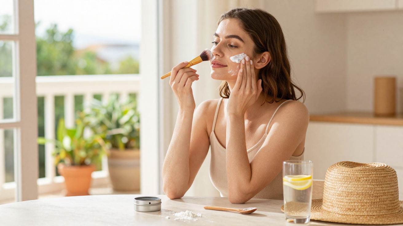 Mulher a aplicar creme facial com pincel sentada numa cozinha luminosa junto a um copo de água com limão.