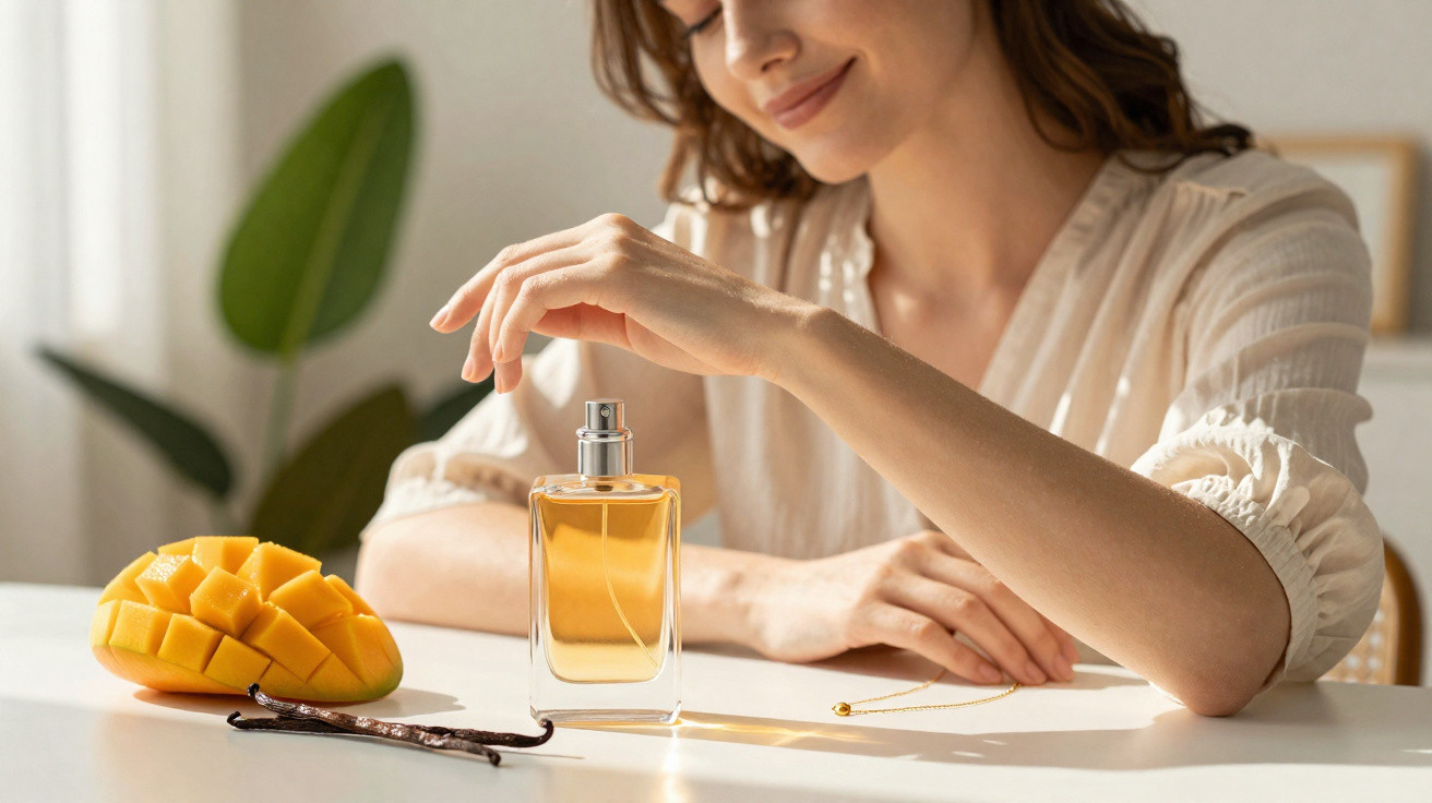 Mulher a aplicar perfume perto de manga cortada e fava de baunilha sobre mesa branca.