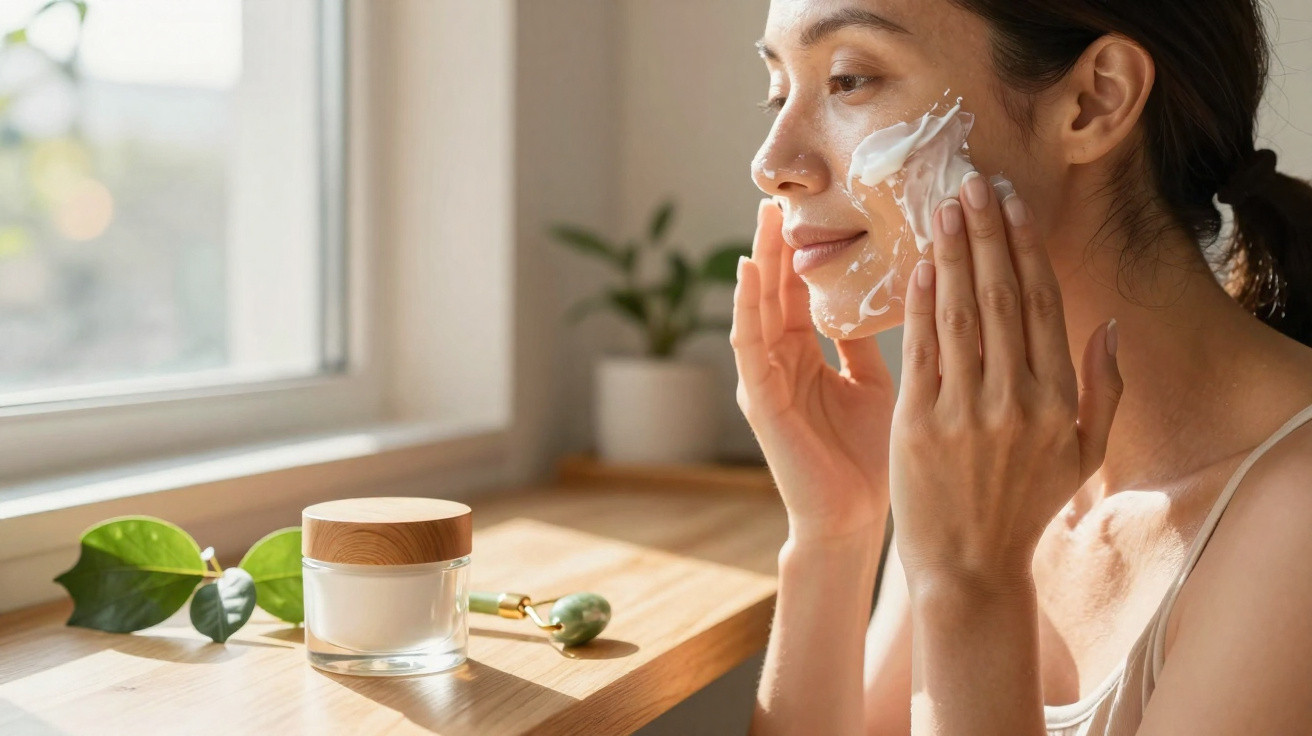 Mulher aplica creme facial com luz natural perto de janela e frasco de creme numa superfície de madeira.