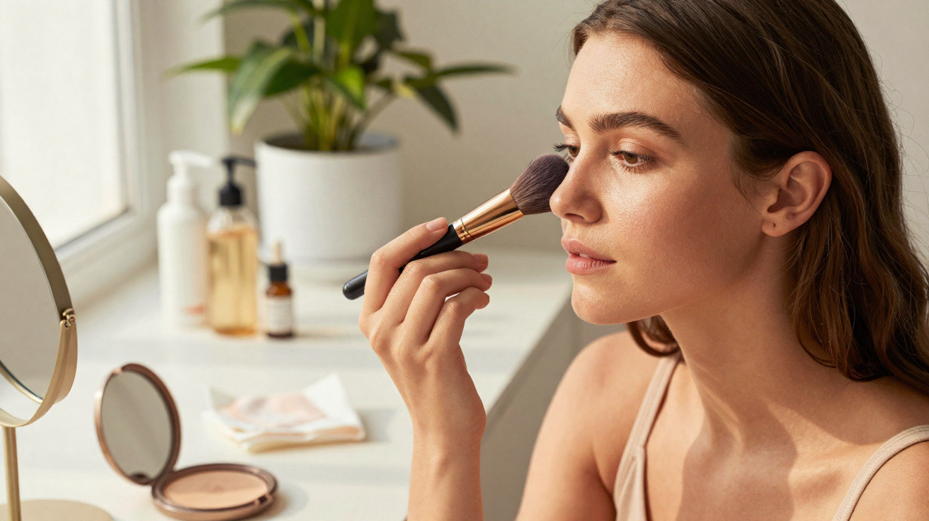 Mulher a aplicar maquilhagem facial com pincel junto a espelho numa mesa com produtos de beleza.