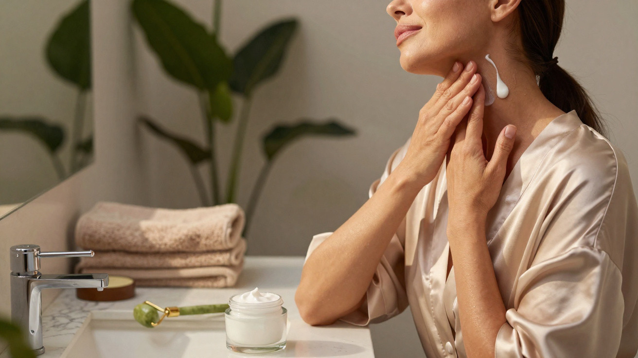 Mulher a aplicar creme no pescoço junto a uma pia com toalhas e rolo de massagem facial verde.