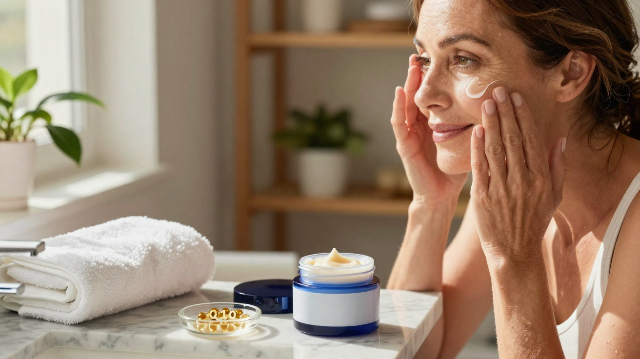 Mulher aplica creme hidratante no rosto num ambiente luminoso e relaxante de casa.
