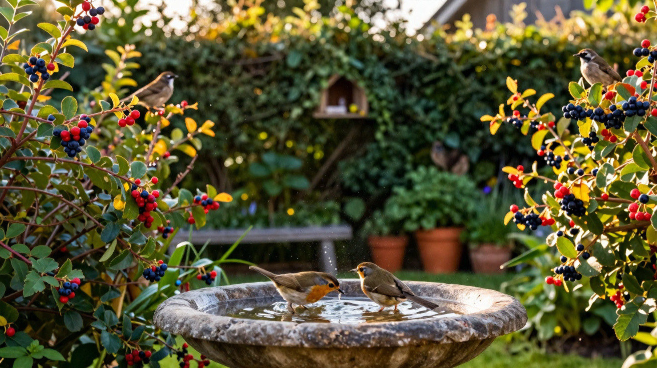 Pássaros a beber e descansar numa fonte de pedra rodeada por arbustos com bagas coloridas num jardim.