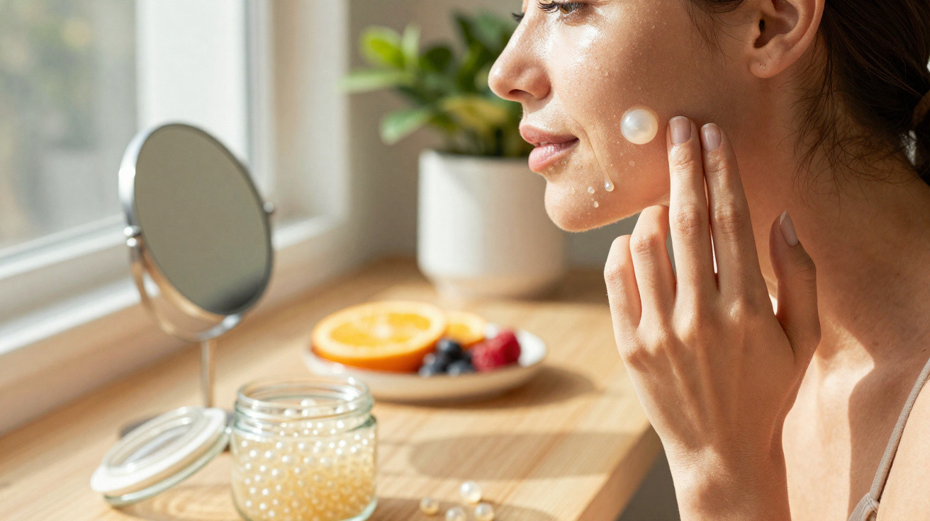 Mulher aplica creme em formato de pérolas no rosto junto a um espelho numa mesa com fruta e planta.