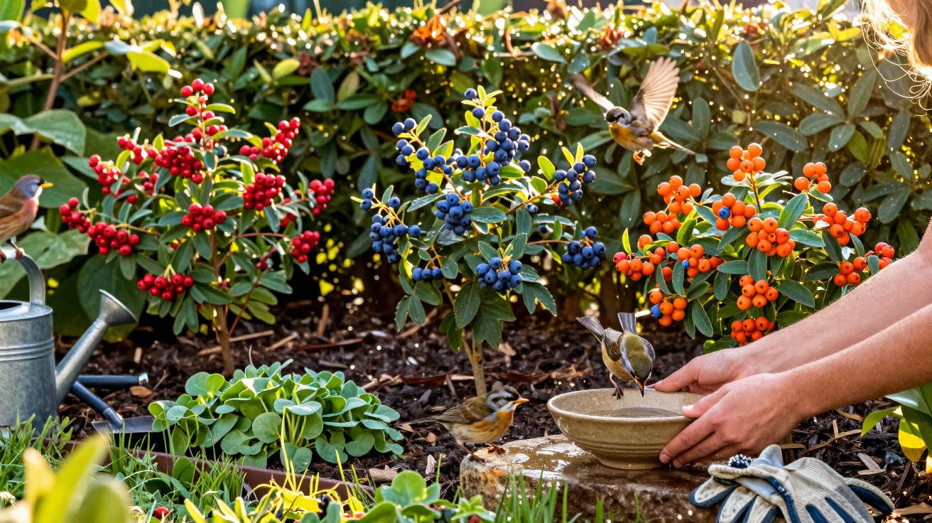 Pequenos pássaros a beber água de um recipiente no jardim com plantas de bagas vermelhas, azuis e laranja.