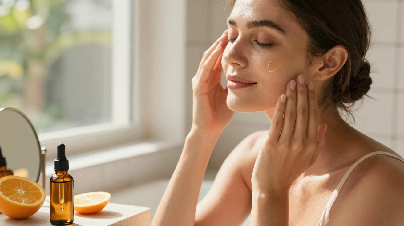 Mulher a aplicar creme facial num ambiente luminoso com garrafa e laranjas numa bancada.