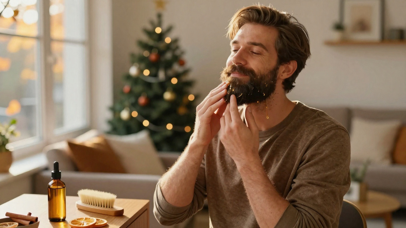 Homem aplica óleo na barba em sala decorada com árvore de Natal iluminada ao fundo.