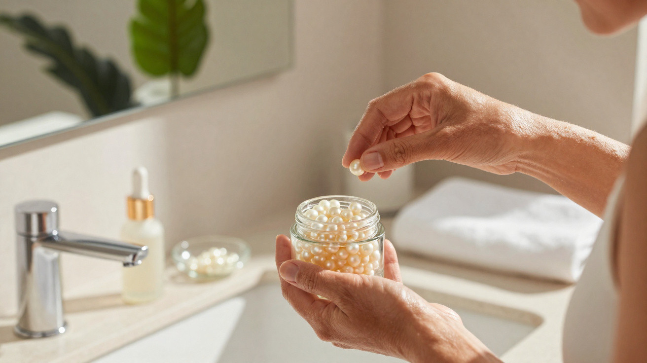 Mãos femininas seguram frasco com pérolas cosméticas junto a lavatório numa casa de banho iluminada.