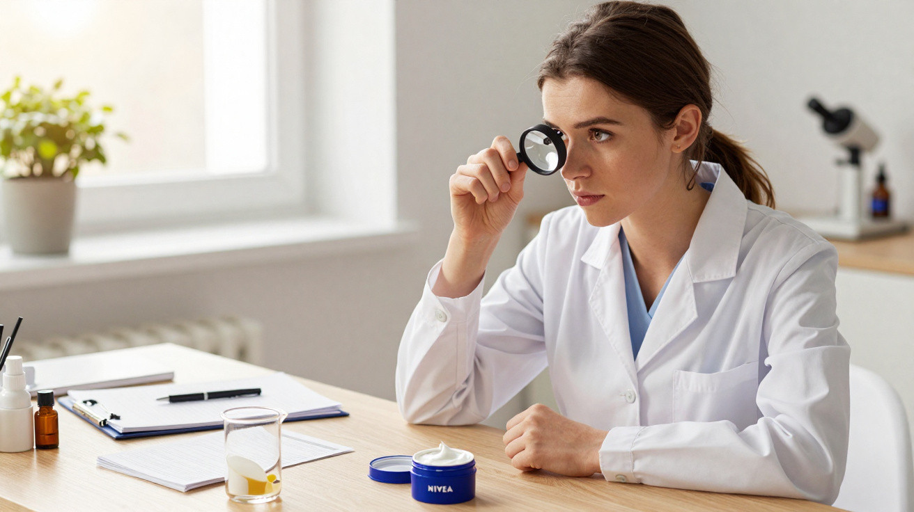 Mulher cientista com bata branca analisa creme Nivea com lupa numa mesa de laboratório.