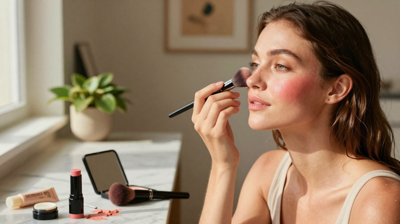 Mulher aplica blush com pincel enquanto está sentada numa mesa com produtos de maquilhagem.
