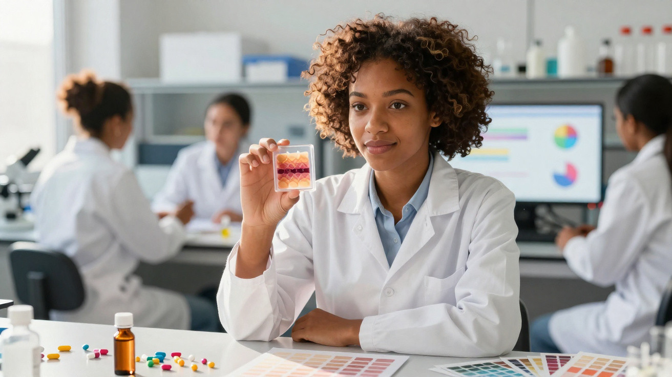 Cientista numa laboratório a analisar uma placa com amostras coloridas, rodeada de colegas e material de pesquisa.