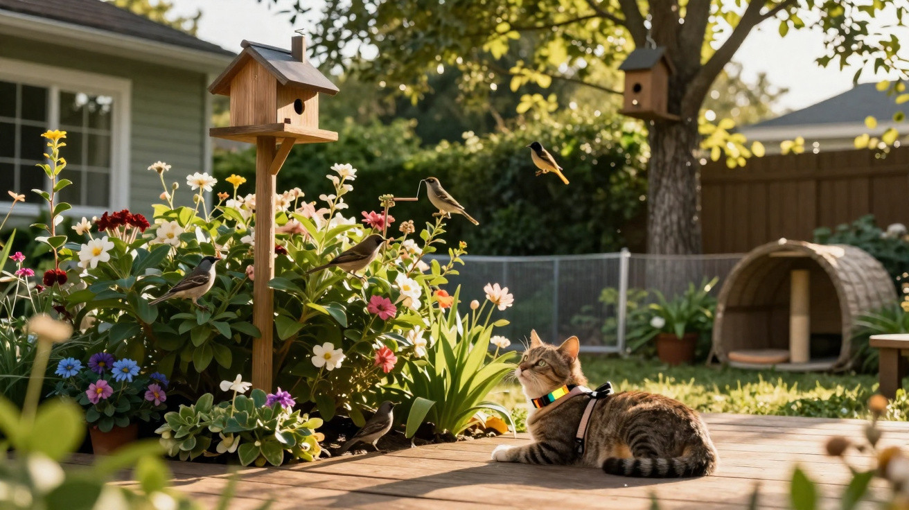 Gato observa passarinhos em jardim com flores coloridas e casinhas de aves em dia ensolarado.