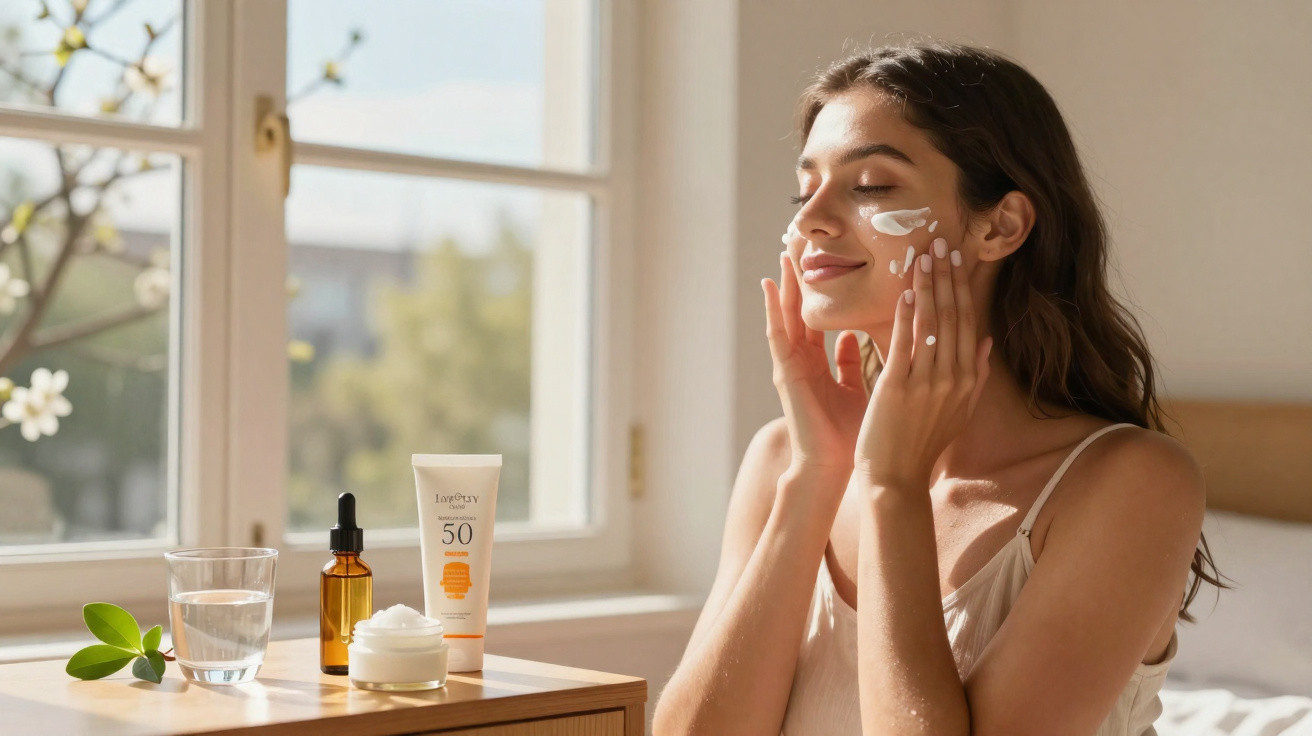 Mulher aplica creme facial com proteção solar num quarto iluminado pelo sol da manhã.