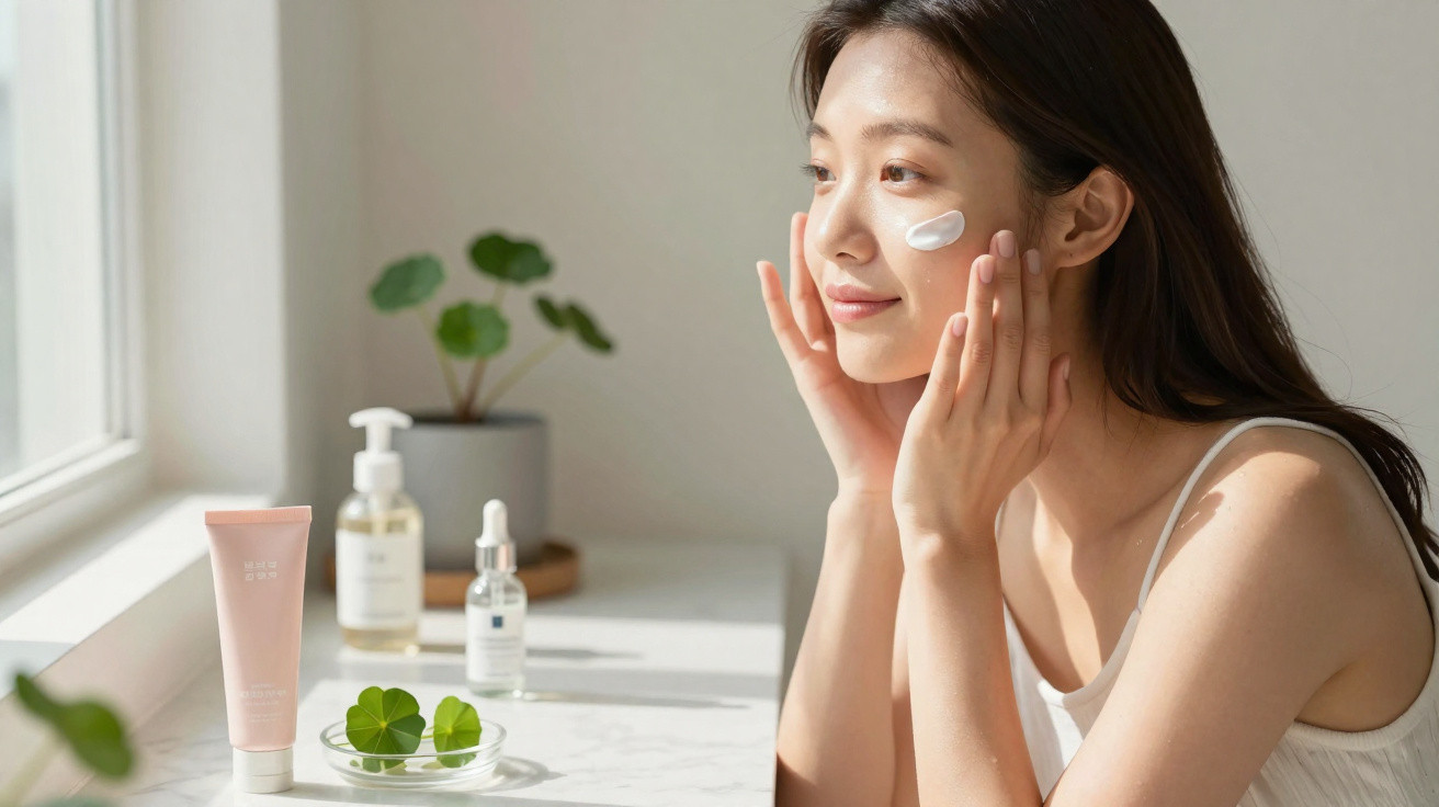 Mulher aplica creme hidratante no rosto junto a produtos de cuidado da pele em bancada iluminada.