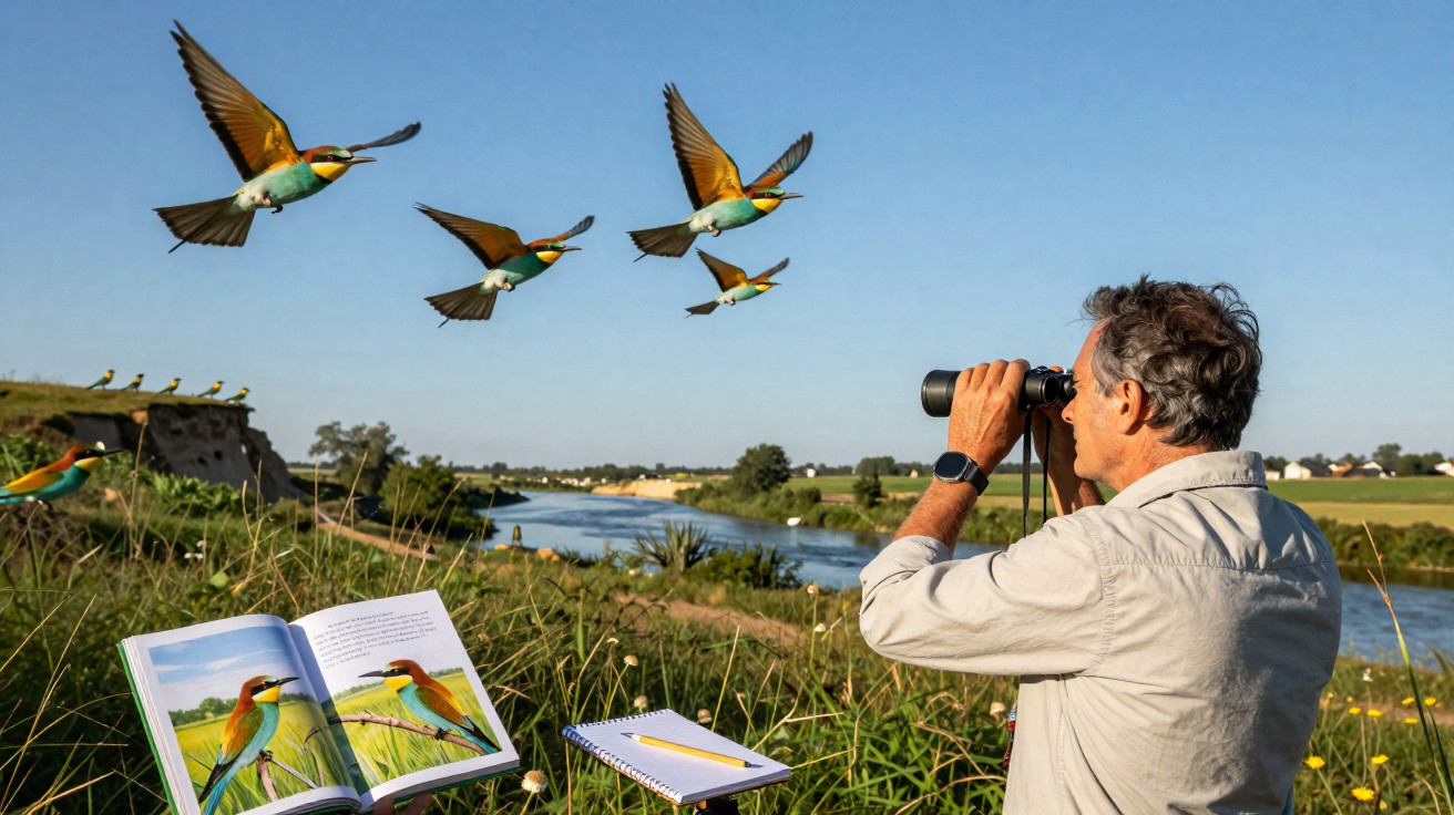 Homem observa aves coloridas com binóculos junto a livro aberto e bloco de notas junto a rio numa paisagem rural.