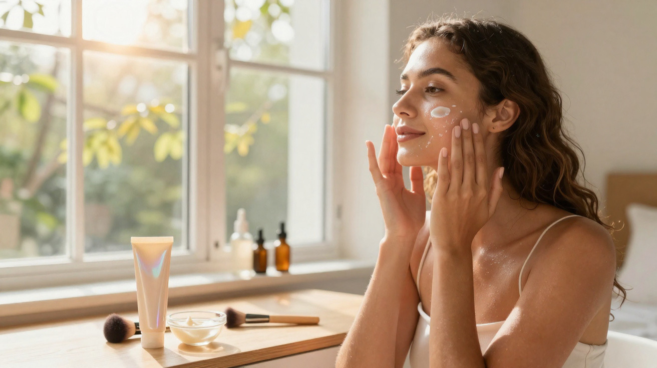 Mulher jovem a aplicar creme hidratante no rosto sentada junto a uma janela com luz natural.