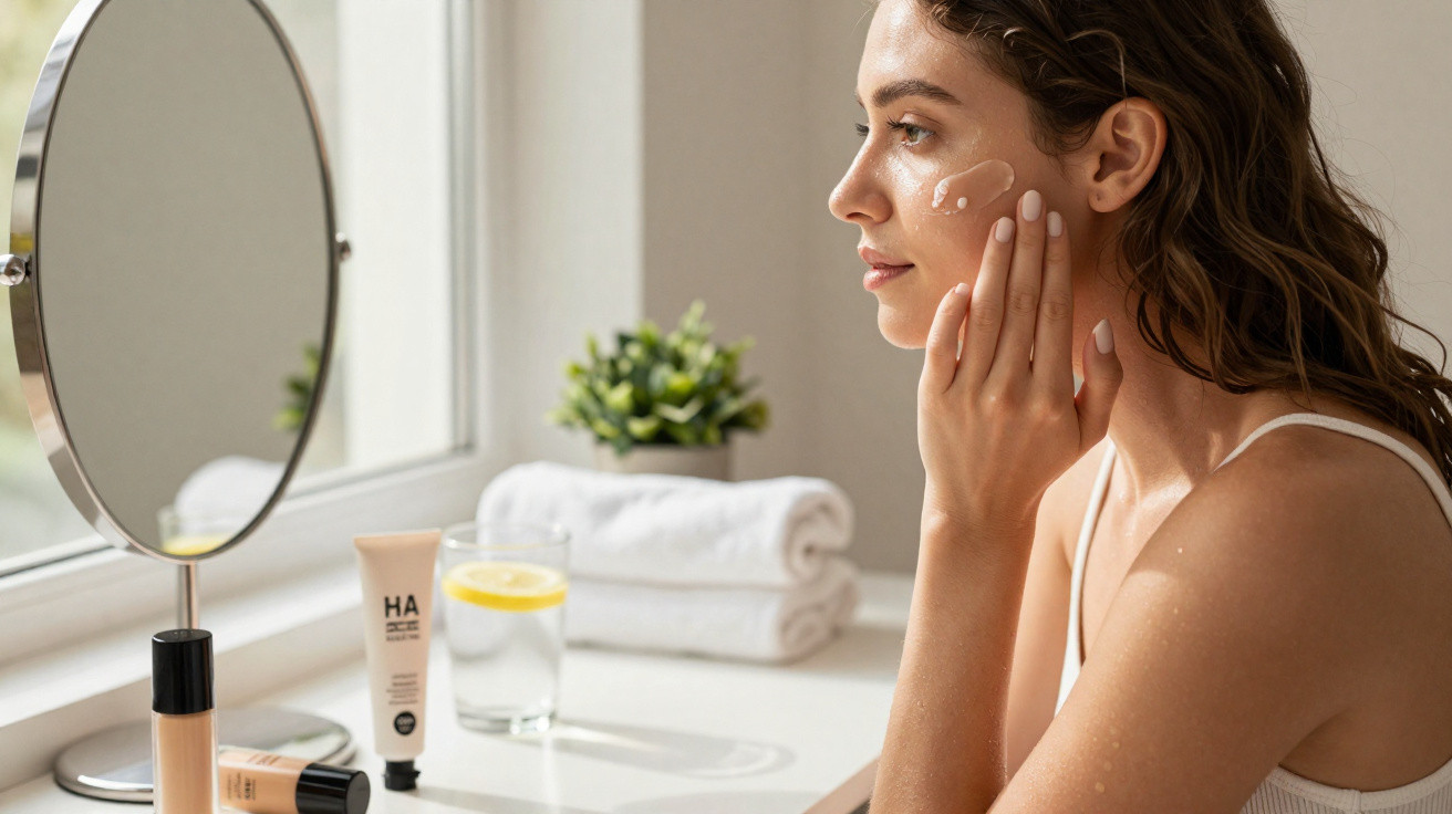 Mulher aplica creme hidratante no rosto sentada junto a espelho e produtos de cuidado facial numa mesa branca.