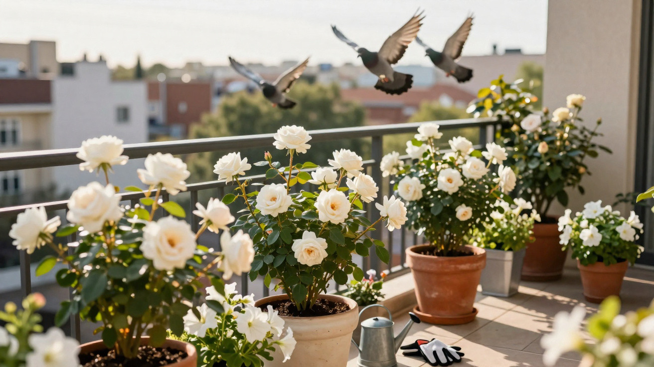 Varanda ensolarada com vasos de rosas brancas e pombos voando sobre o corrimão.