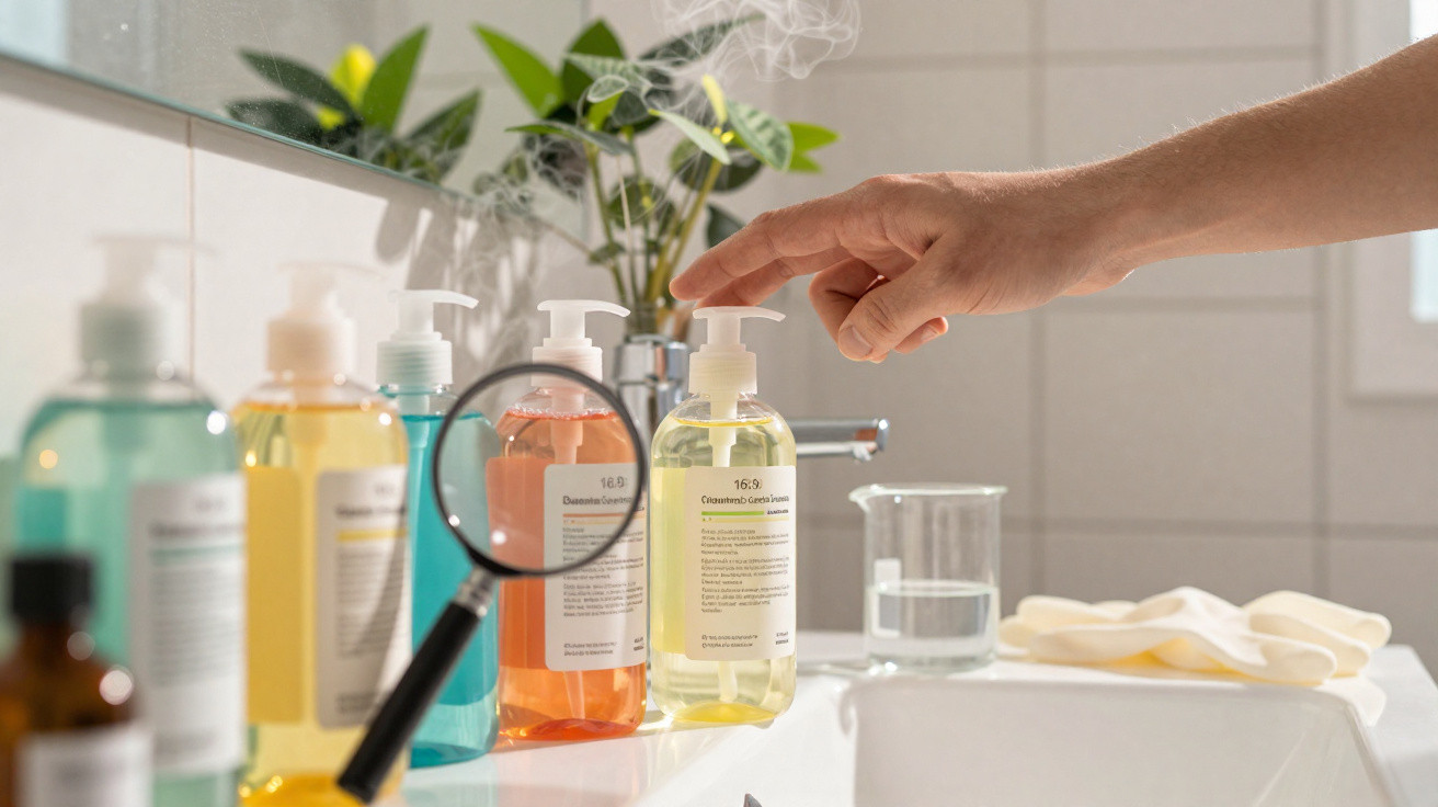 Mão a usar doseador de sabonete líquido em ambiente de casa de banho com várias garrafas coloridas.
