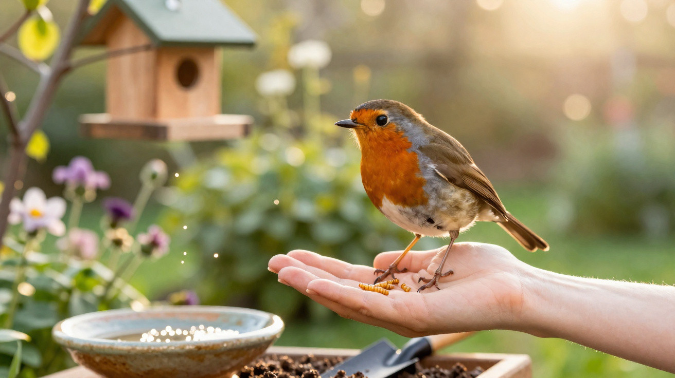 Pássaro com peito vermelho pousado numa mão humana com grãos, em jardim com casa de pássaros ao fundo.