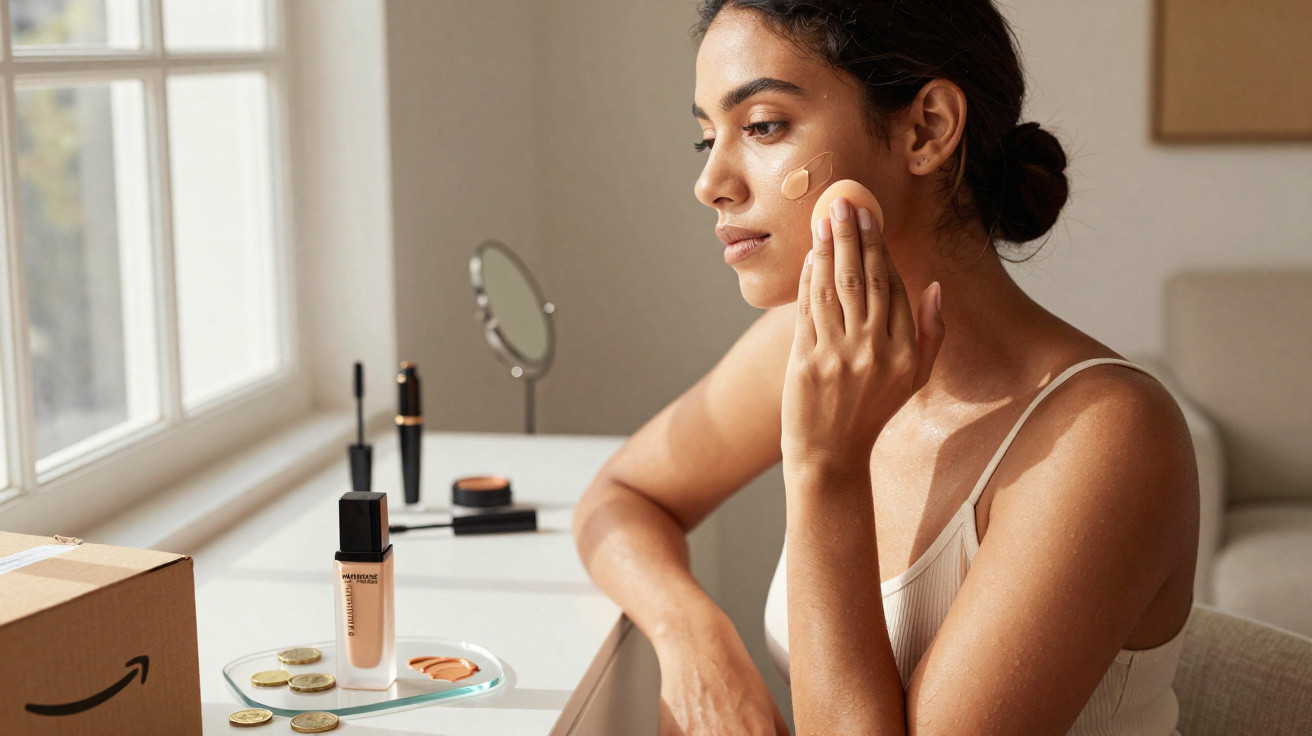 Mulher a aplicar base de maquiagem no rosto sentada junto a uma mesa com produtos de cosmética.