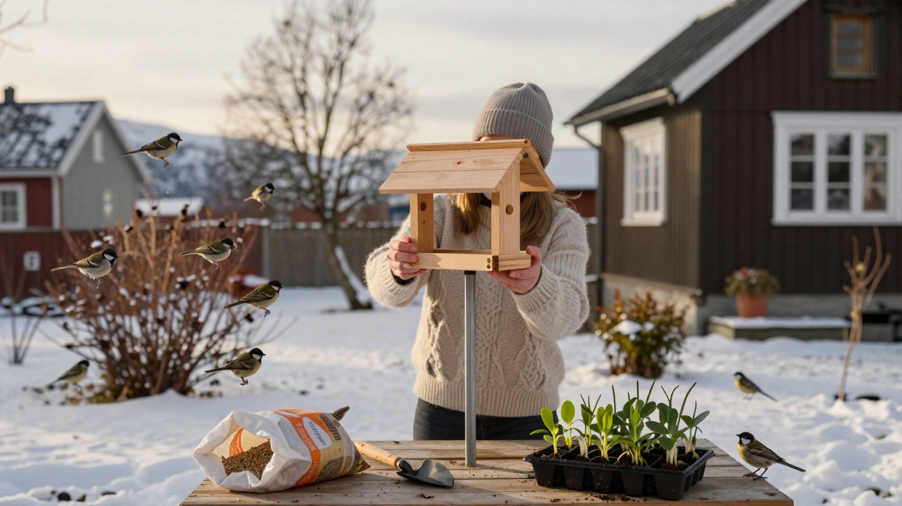 Pessoa de gorro cinzento a colocar comedouro de pássaros em jardim de inverno com neve e casas ao fundo.