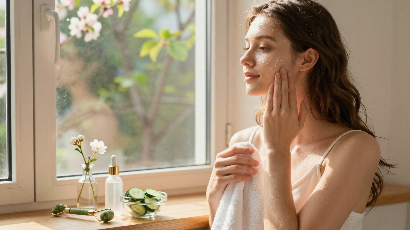 Mulher aplica creme hidratante no rosto junto a janela com luz natural e utensílios de cuidados de pele.