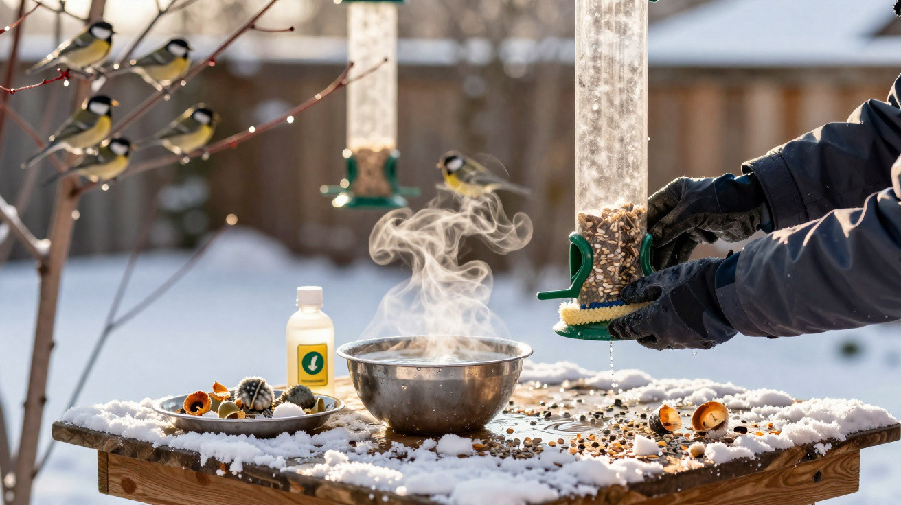 Mesa de madeira com alimento para pássaros e mãos com luvas a encher comedouro no Inverno com neve.