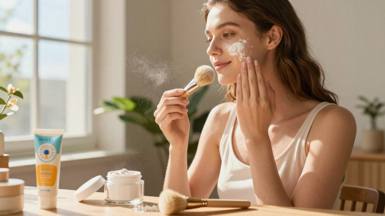 Mulher a aplicar pó facial com pincel, sentada junto a janela em ambiente iluminado e natural.