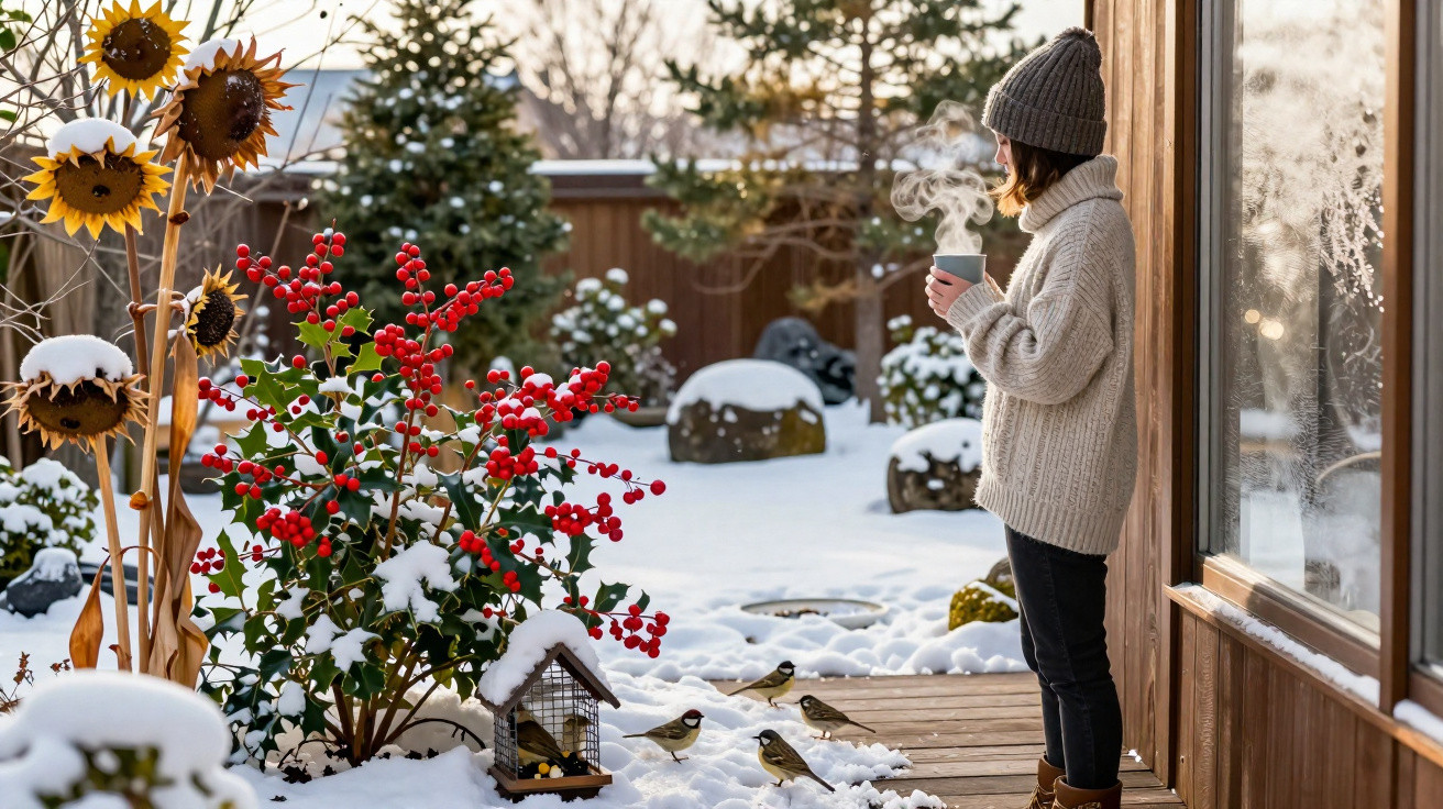 Pessoa de camiseta grossa e gorro a beber chá no alpendre de madeira, com neve e pássaros no jardim.