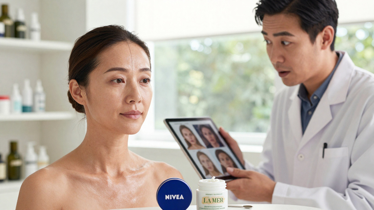 Mulher a receber consulta dermatológica com médico que analisa imagens de rosto num tablet.