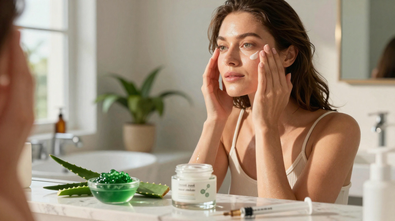 Mulher a aplicar creme facial junto a jarro de cosmético e folhas de aloe vera numa casa de banho iluminada.