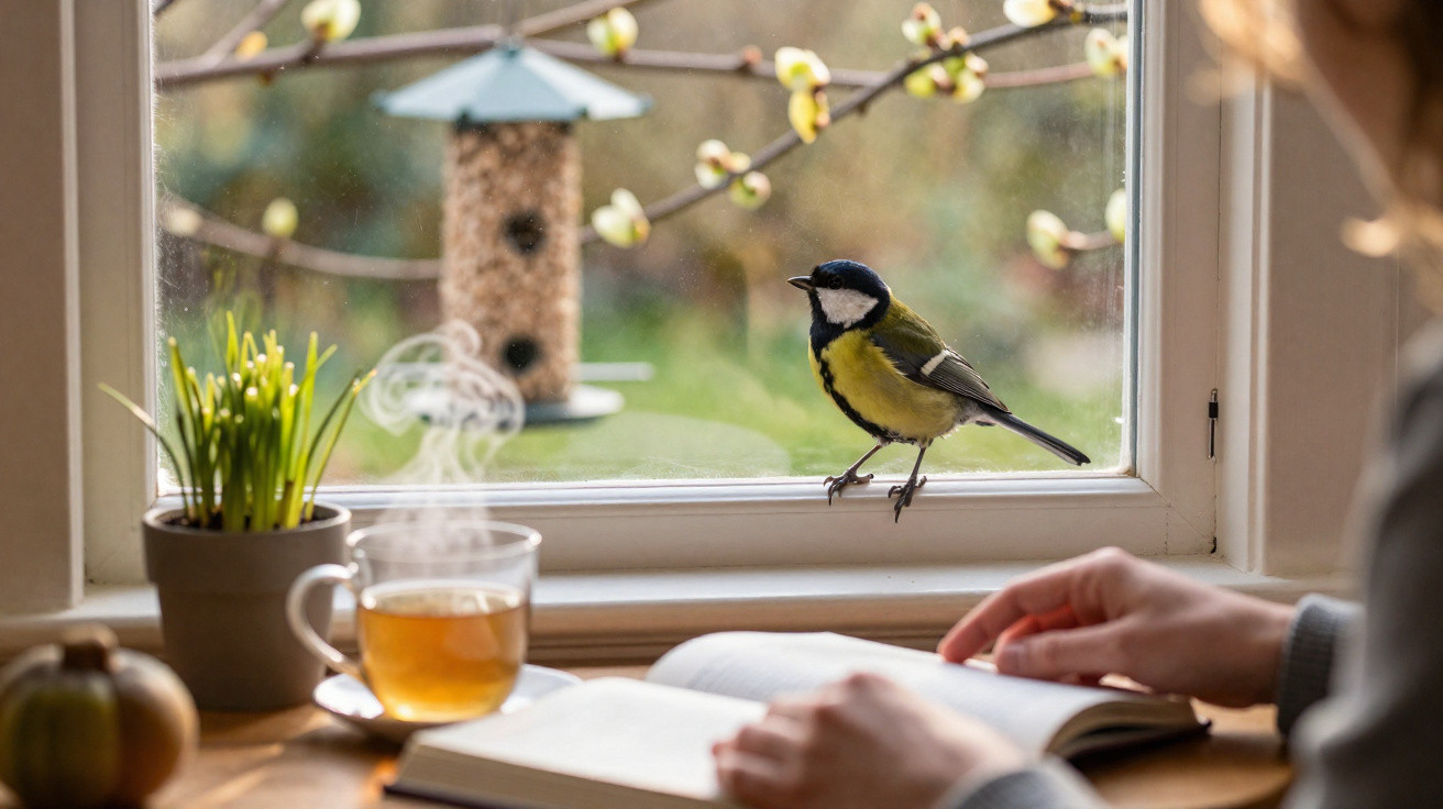 Pássaro pousado na janela junto a pessoa que lê um livro, com chá quente e planta numa mesa.