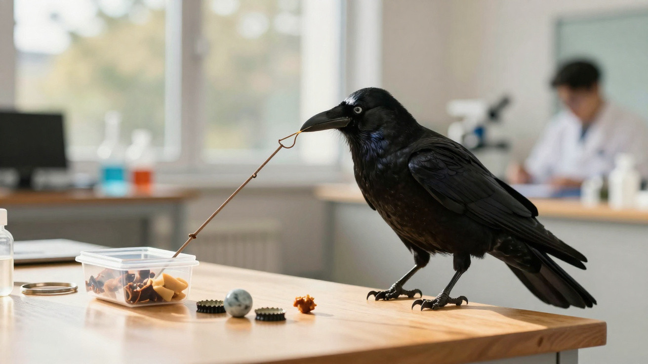Corvo negro a pegar um objeto com o bico numa mesa em laboratório, com pessoa desfocada ao fundo.