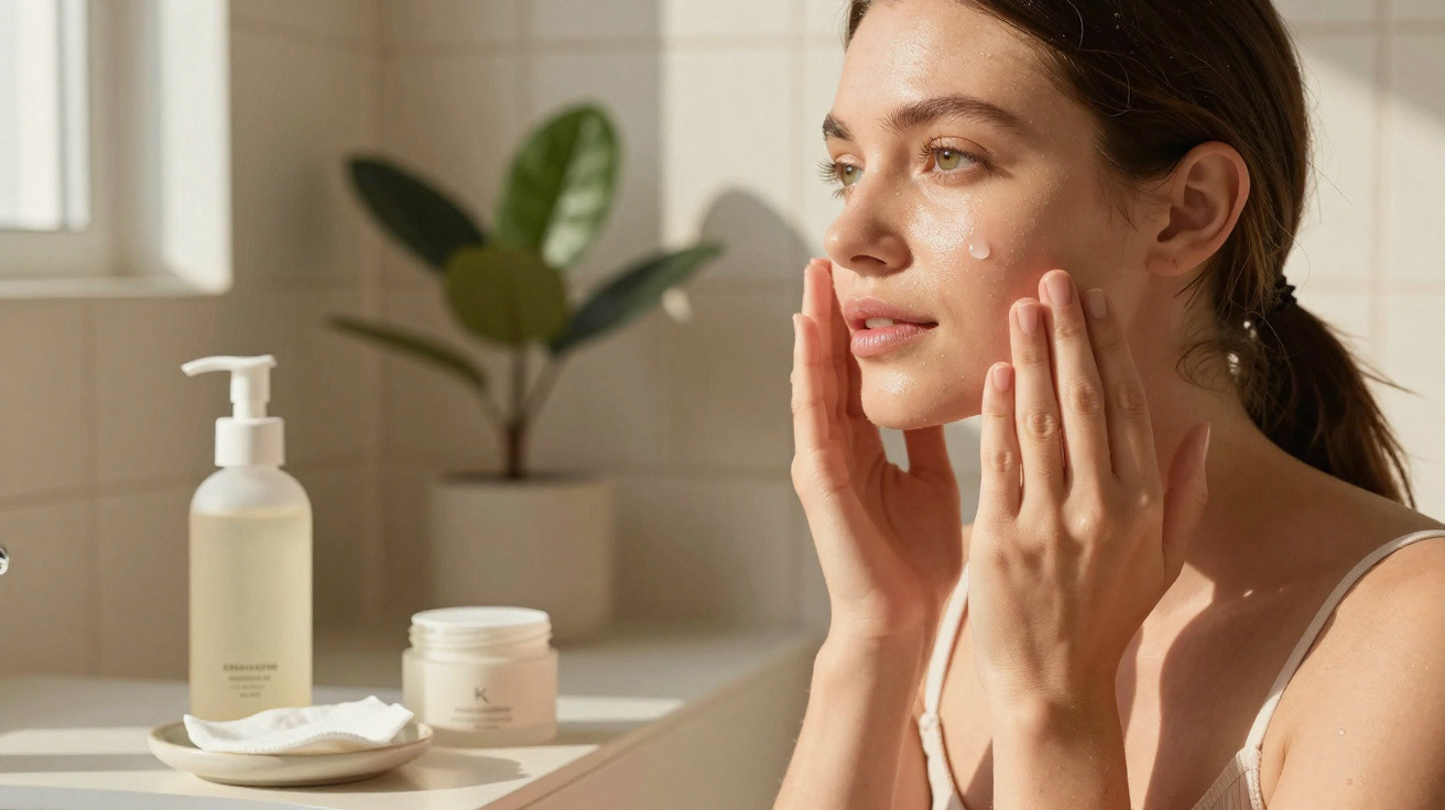 Mulher a aplicar creme hidratante no rosto numa casa de banho iluminada, com produtos de cuidado da pele à frente.