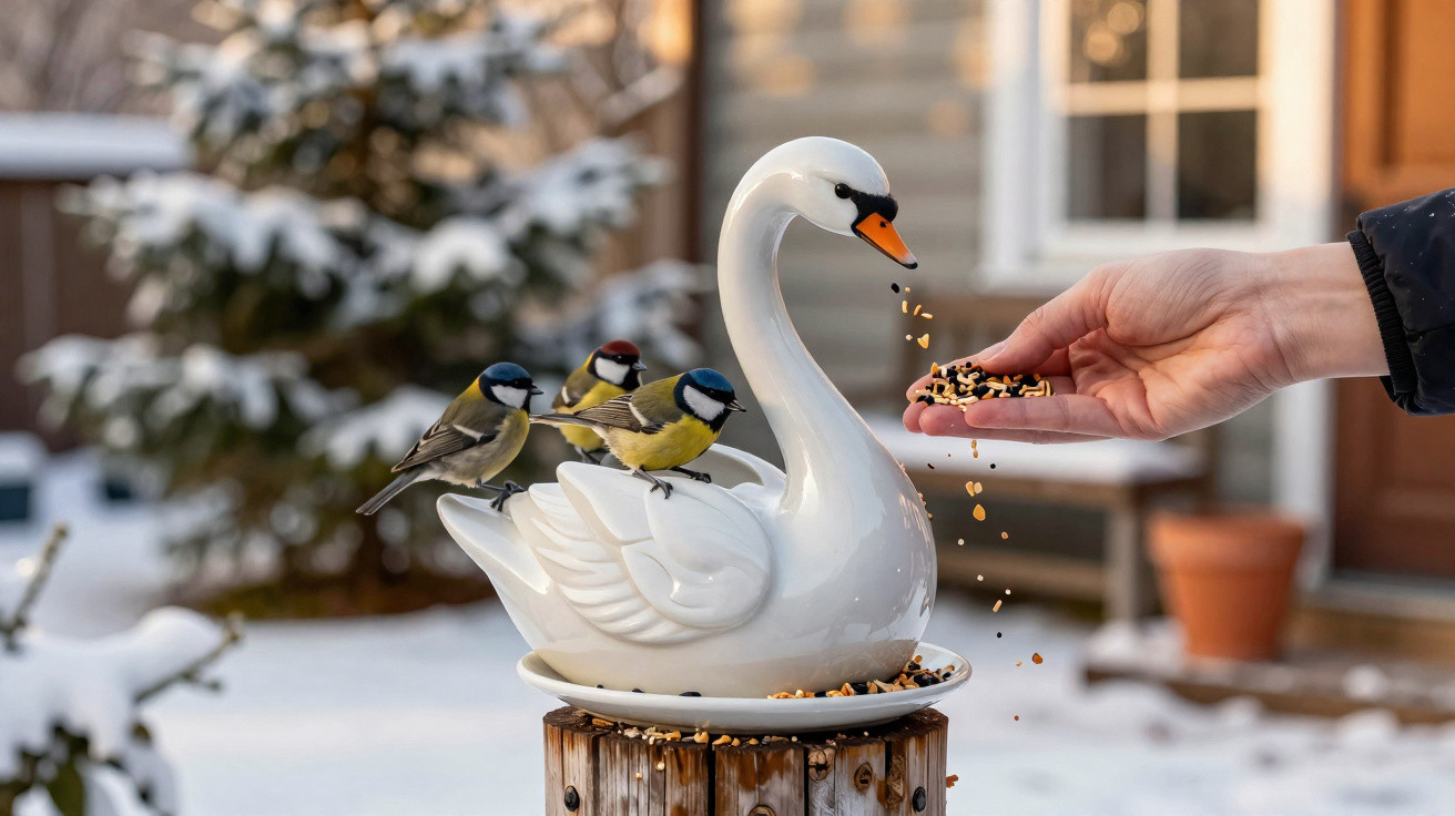Mão a alimentar pássaros que pousam numa fonte em forma de cisne num jardim nevado.