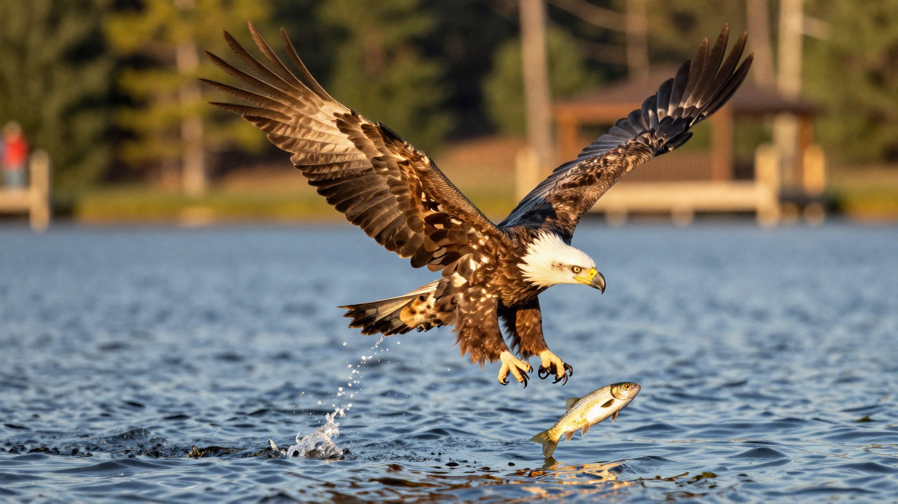 Águia a voar sobre a água com um peixe capturado nas garras, em ambiente natural junto a um lago.