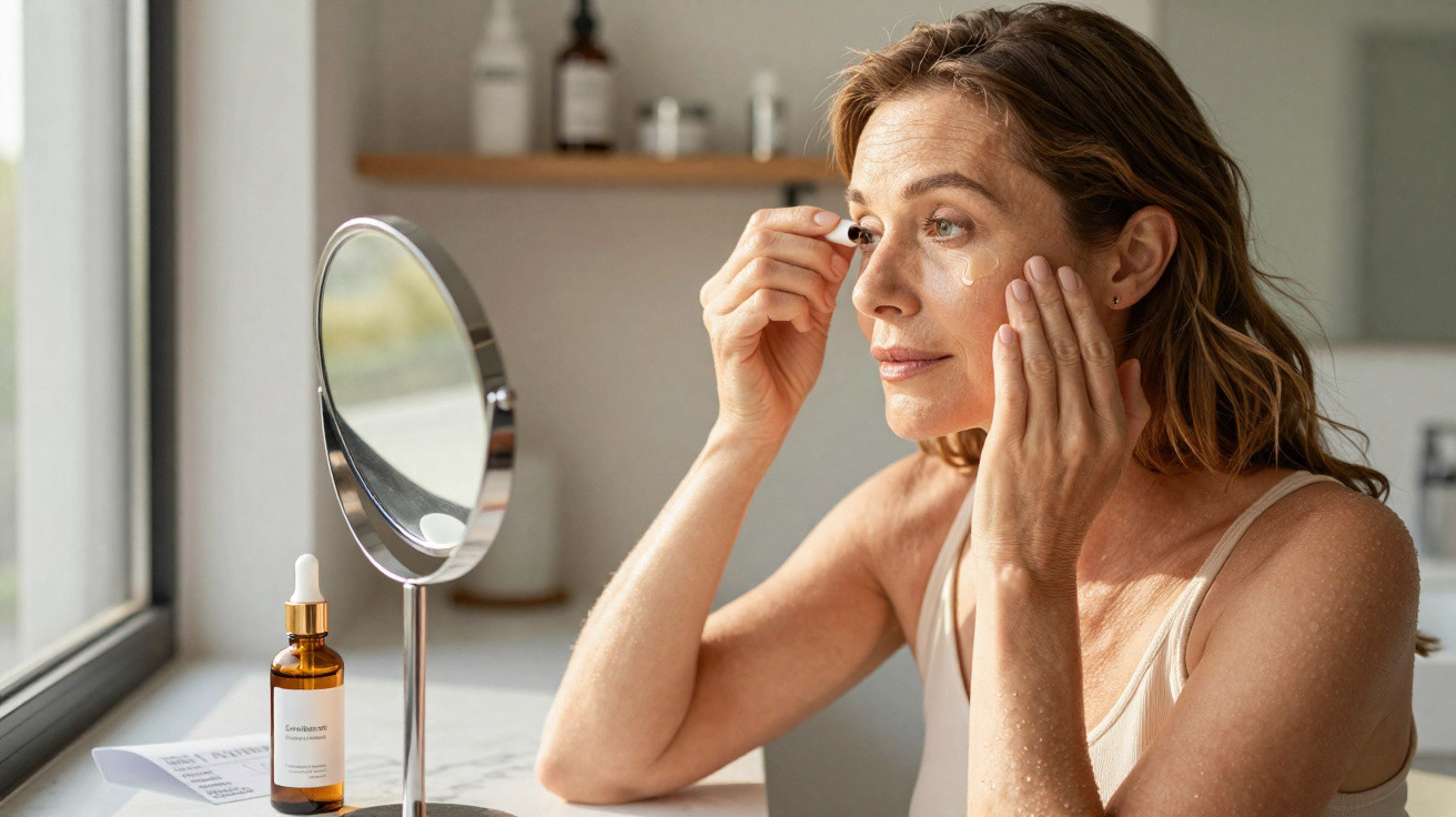 Mulher de meia-idade aplica creme para olhos junto de um espelho num espaço luminoso e arejado.