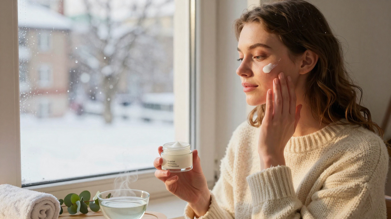 Mulher a aplicar creme facial perto de janela com vista para paisagem de inverno e chá quente.