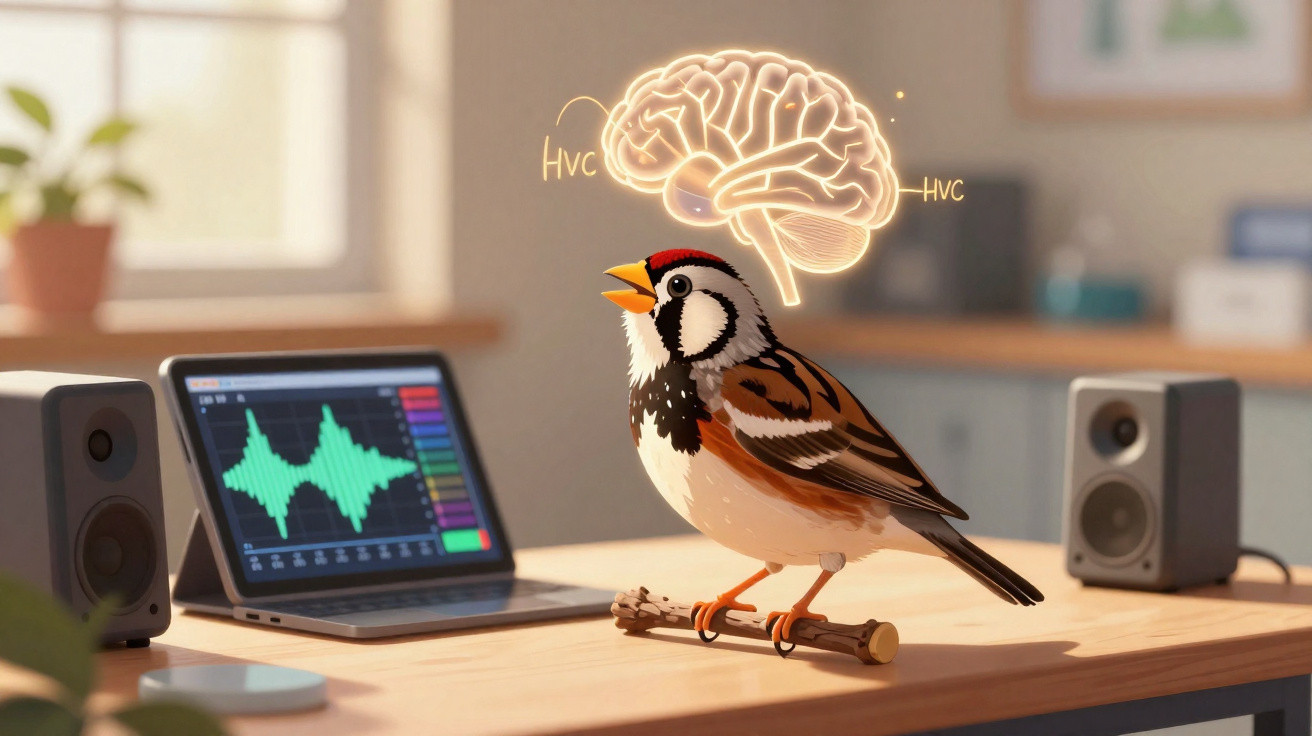 Pássaro sobre secretária com laptop e cérebro iluminado representando atividade cerebral HVC.
