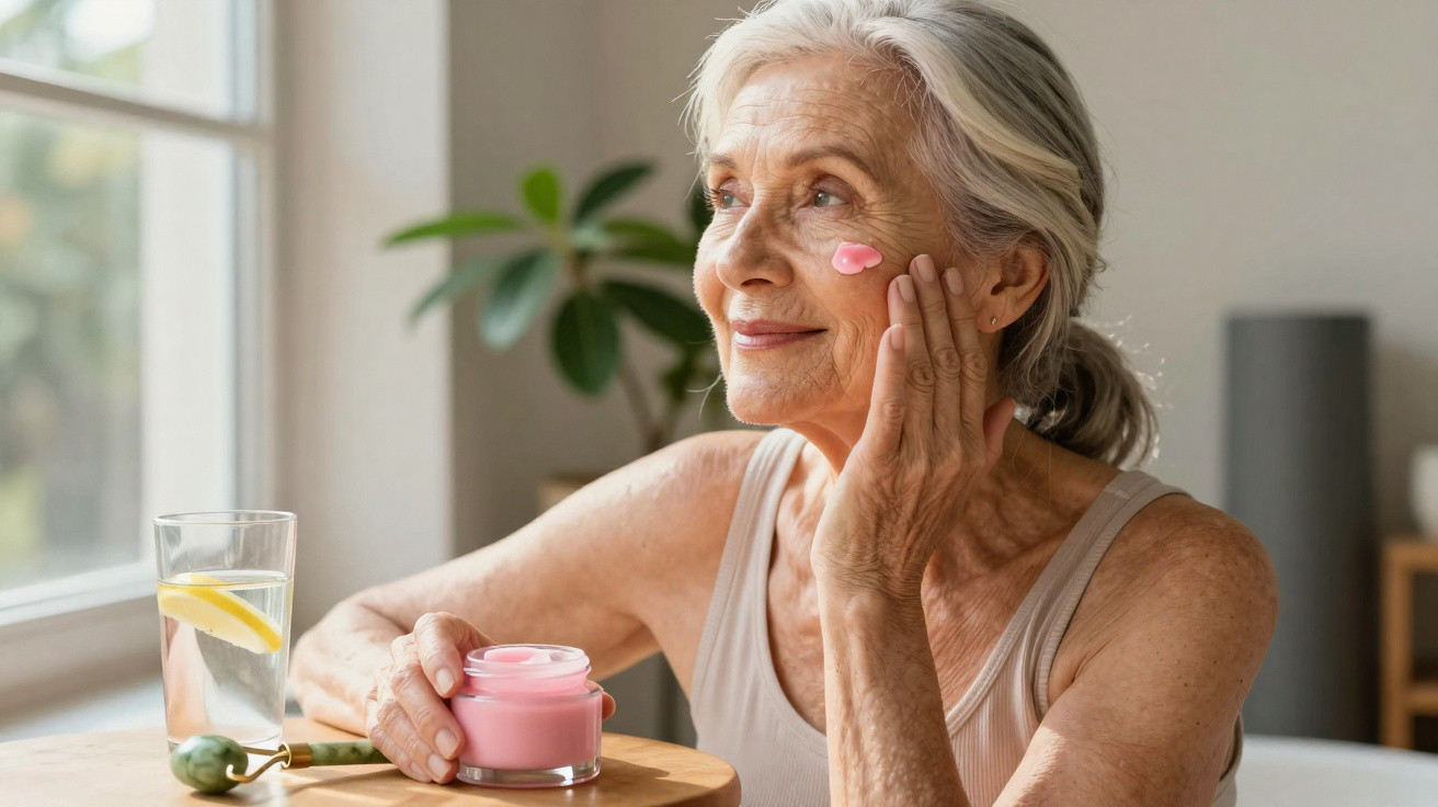 Mulher idosa a aplicar creme hidratante rosa no rosto, sentada junto a uma janela com luz natural.
