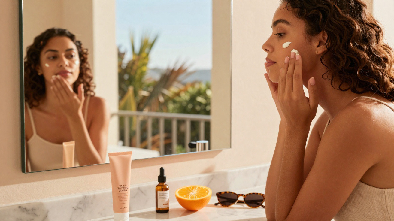 Mulher aplica creme facial junto a uma janela com produtos de beleza sobre a bancada do lavatório.